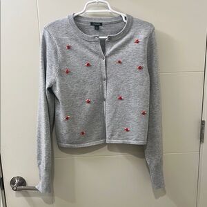 Wild Fable: Gray Cardigan with Red Rose Embellishments
